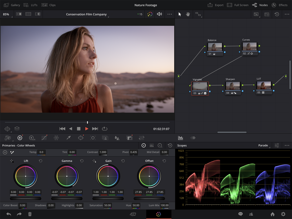 DaVinci Resolve for iPad - DaVinci Resolve for iPad professional color correction interface with color wheels and scopes