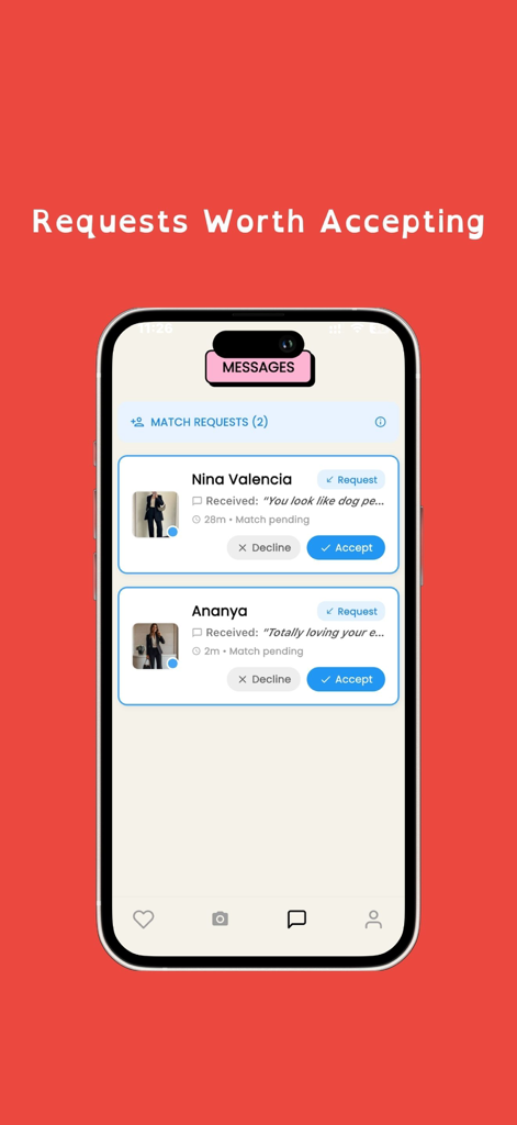 다른 전문가들로부터의 보류 중인 매칭 요청을 보여주는 Ping 데이트 앱 화면
