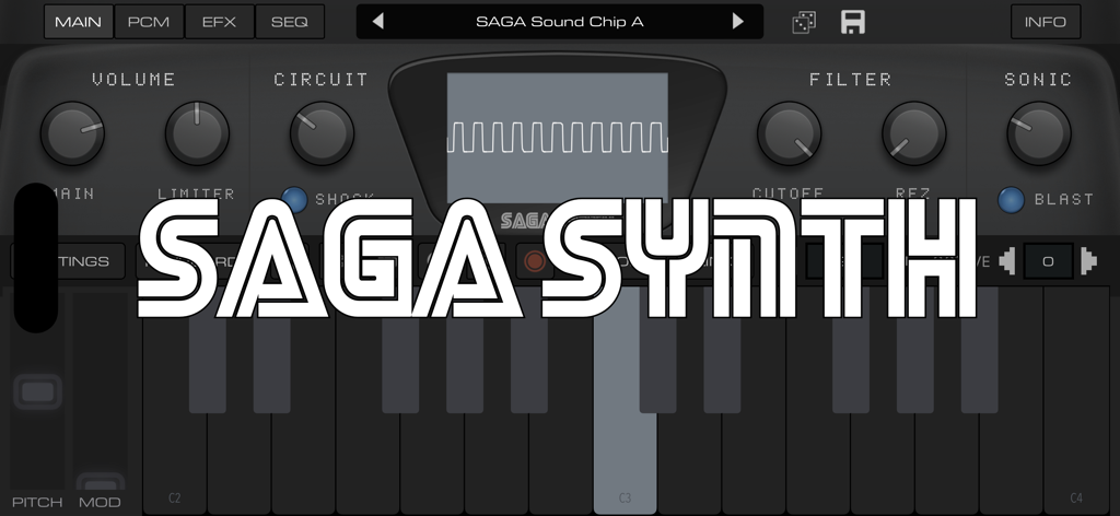 SAGA Synth | 16-Bit Sonic Fun! - Interfaz del sintetizador SAGA Synth retro de videojuegos de 16 bits