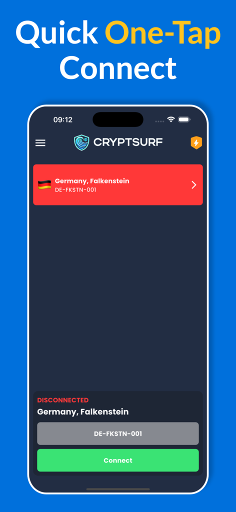 CryptSurf: Fast & Secure VPN - Interfaz de la aplicación CryptSurf VPN con un botón verde de conexión de un solo toque.