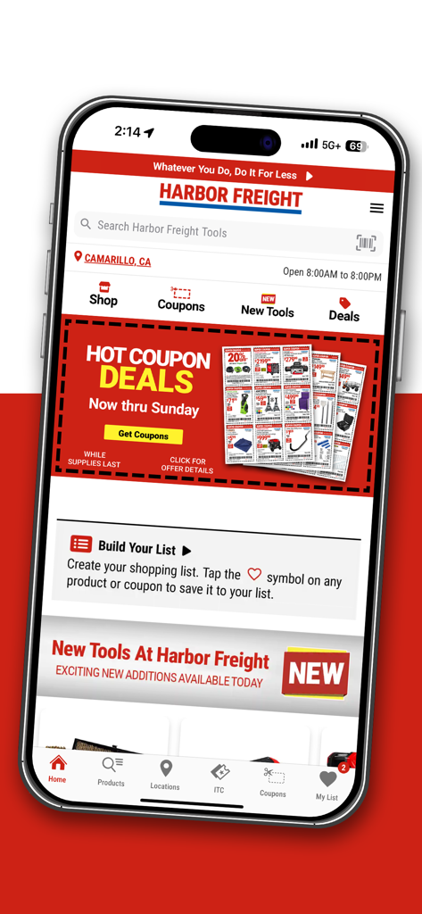 Der Startbildschirm der Harbor Freight Tools Mobile App mit Coupon-Angeboten und Navigationsoptionen