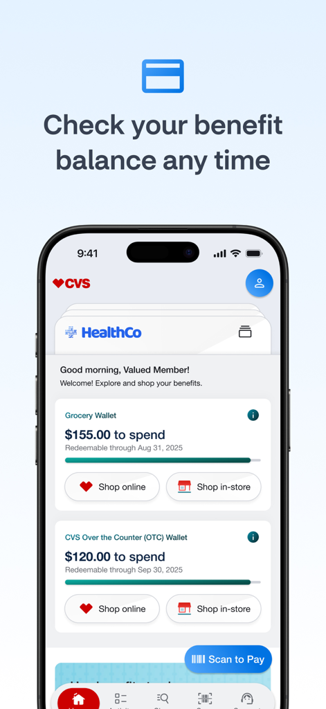 OTC Health Solutions - Interfaz de la aplicación OTC Health Solutions que muestra los saldos de la billetera de beneficios y las opciones de compra