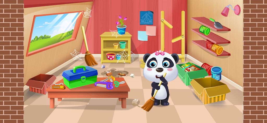 Cleanup Home: Cleaning Games - A cute panda character sweeping a messy room with cobwebs and tools