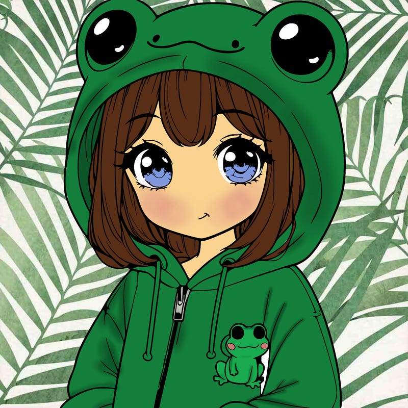 cute realistic girl in a froggy hoodie