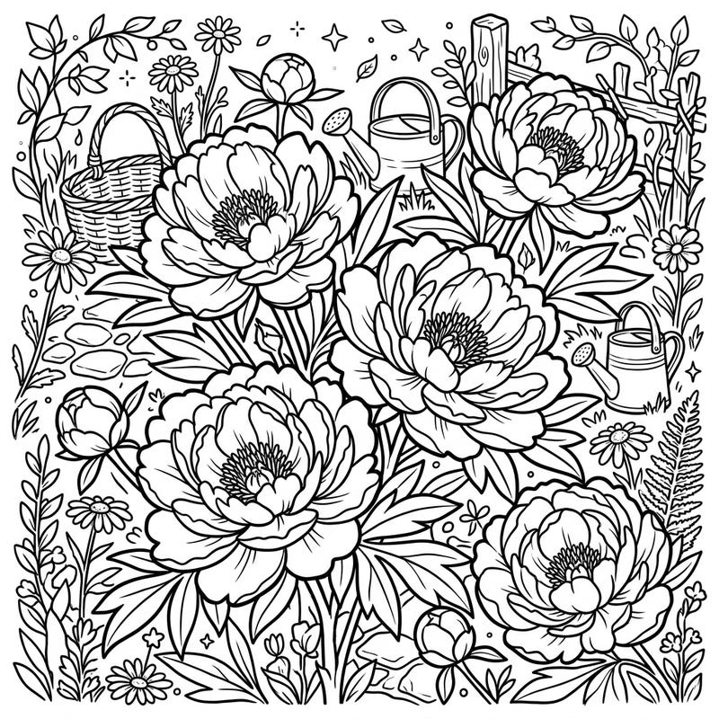 Step into a serene floral haven with this exquisite Itoh Peonies coloring page, capturing the rustic charm of cottagecore. Experience the joy of bringing these magnificent hybrid flowers and their garden surroundings to life with your favorite colors.