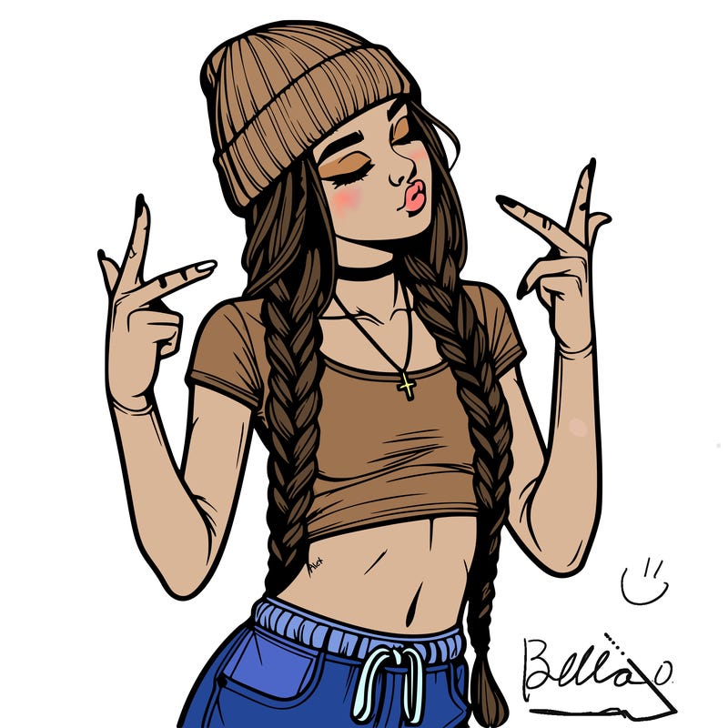 realistic teenage girl with braids and a beanie and crop top doing 🫶🏼