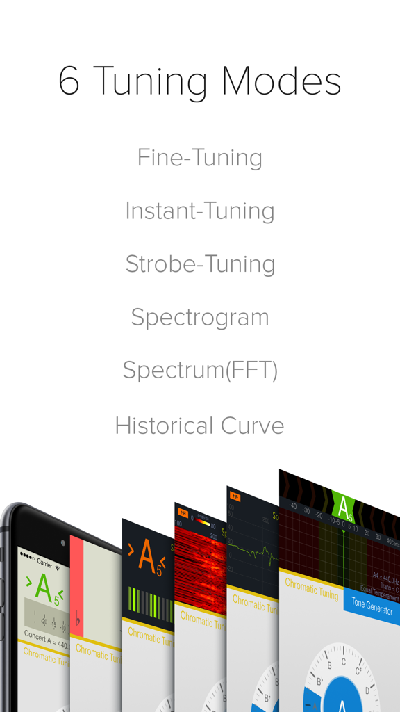 Showcase of six professional tuning modes in the insTuner app including strobe and spectrogram