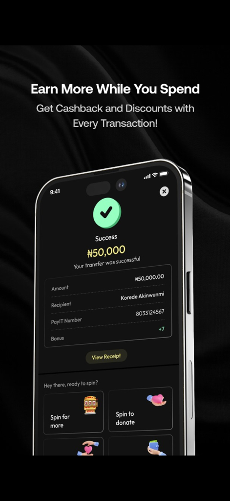 A smartphone screen showing a successful bank transfer on the PayIT app with cashback and reward notifications.
