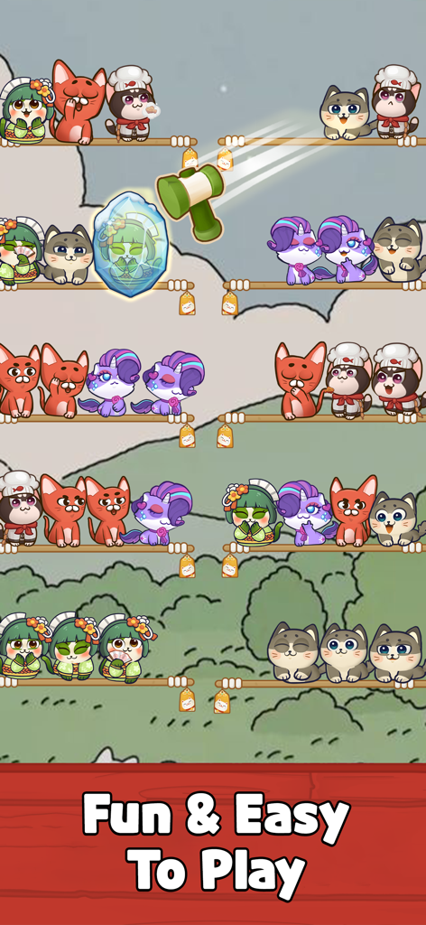 枝の上に座っている、衣装を着た愛らしい猫たちが登場するカラフルなソートパズルゲーム。