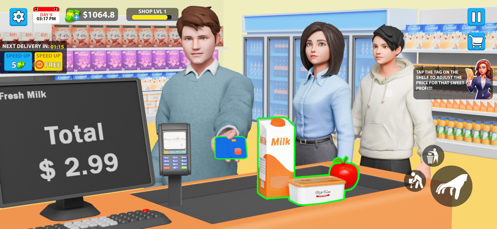 Supermarket Store Simulator 3D - A 3D supermarket cashier simulation showing a customer paying with a credit card at a grocery store checkout counter