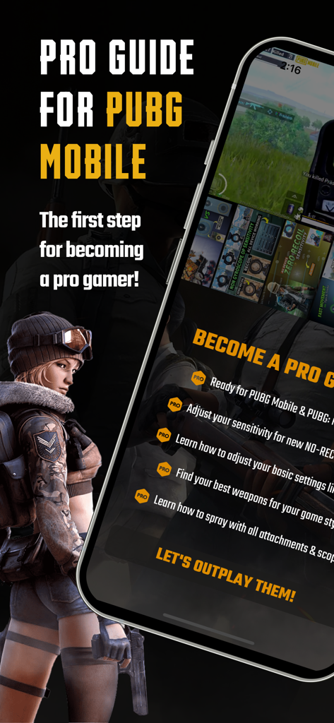 Guide & Stat for PUBG NewState - Pantalla promocional de una aplicación de guía de PUBG Mobile que muestra consejos y características de juego profesional