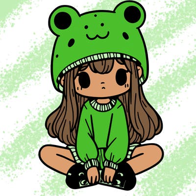 a girl wearing a frog hat and some frog socks