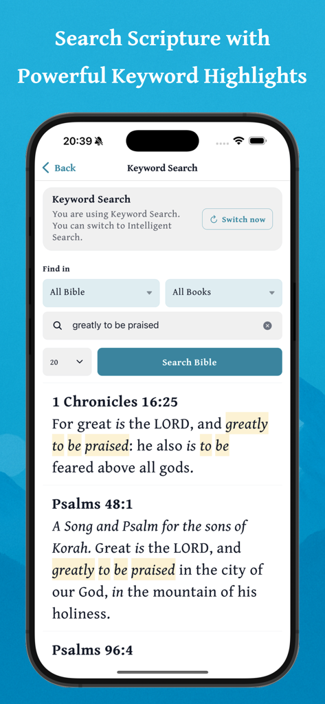 Daily Bible - Offline & Audio - Screenshot of Daily Bible app showing keyword search feature with highlighted scripture results for greatly to be praised