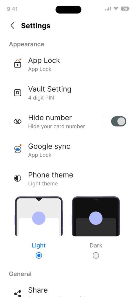 Credit Card : Wallet & NFC - Pantalla de configuración de la aplicación Tarjeta de Crédito: Billetera y NFC que muestra opciones de seguridad y selección de tema claro y oscuro