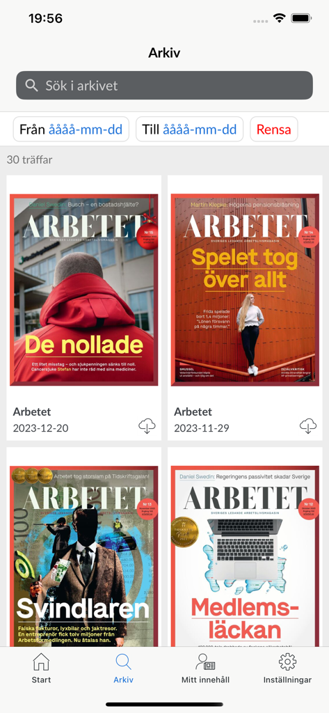 Arbetet - The digital archive section of the Arbetet app showing various Swedish magazine covers