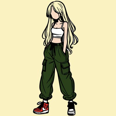 girl in baggy pants crop top and long hair