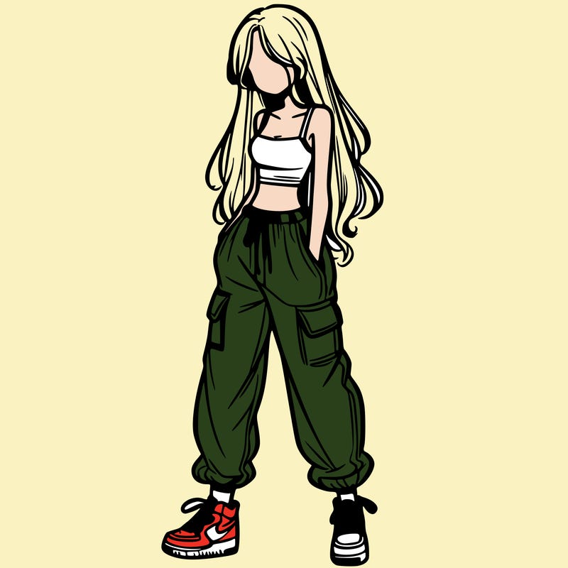 girl in baggy pants crop top and long hair