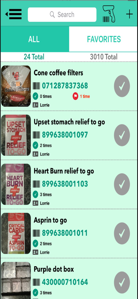 Screenshot of the Penny Finder app showing a list of verified penny items with barcodes and product descriptions.