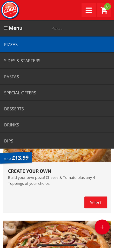 Pizza GoGo: Food Delivery - Pizza GoGo app interface showing the pizza menu and food categories