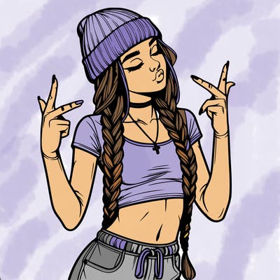 realistic teenage girl with braids and a beanie and crop top doing 🫶🏼