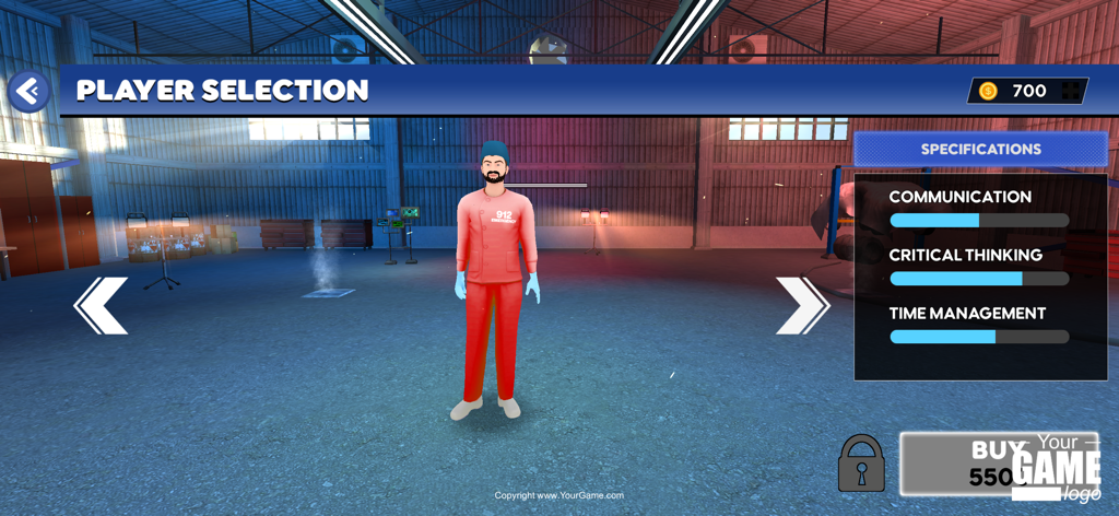 Ambulance Rescue Duty Game 3d - Pantalla de selección de jugador en Ambulance Rescue Duty Game 3D con un personaje paramédico con especificaciones de habilidades.