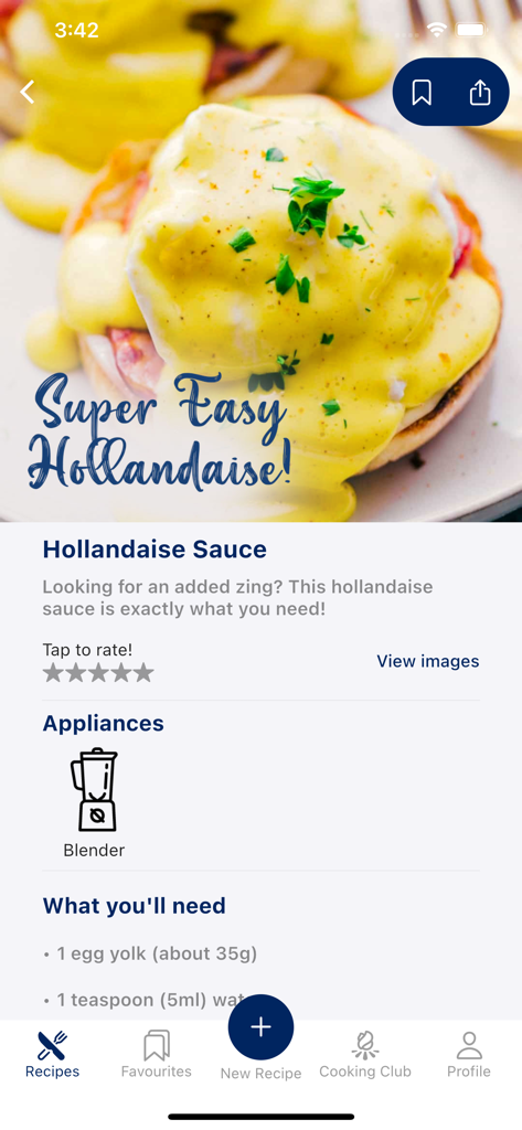 Courts Cook App - Mobile screen of Courts Cook App showing a hollandaise sauce recipe with ingredients and appliance requirements