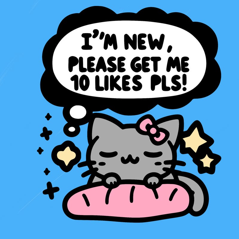 kitty taking a nap dream talking and saying "i'm new, please get me at least 10 likes pls!!"