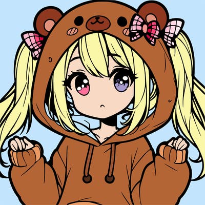 cute anime girl with ponytails and a cute bear hoodie