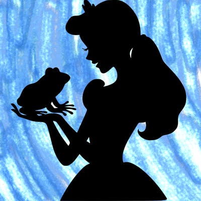 a shadow of a princess holding a frog realistic