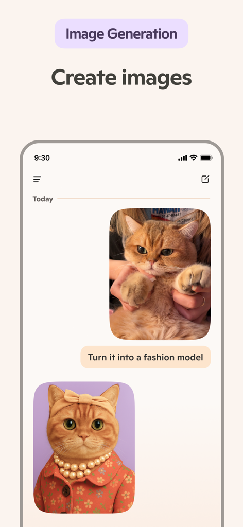 Microsoft Copilot app screen showing AI generating a fashion model cat image from a photo prompt