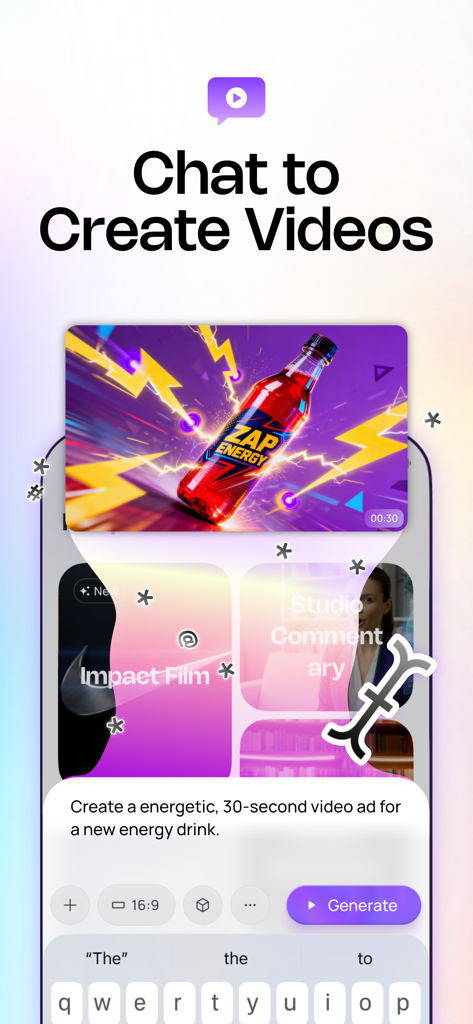 Medeo - AI Video Generator - Medeoアプリのインターフェース。AI生成されたエナジードリンク広告の例とともに、動画を作成するためのチャット機能が表示されています。