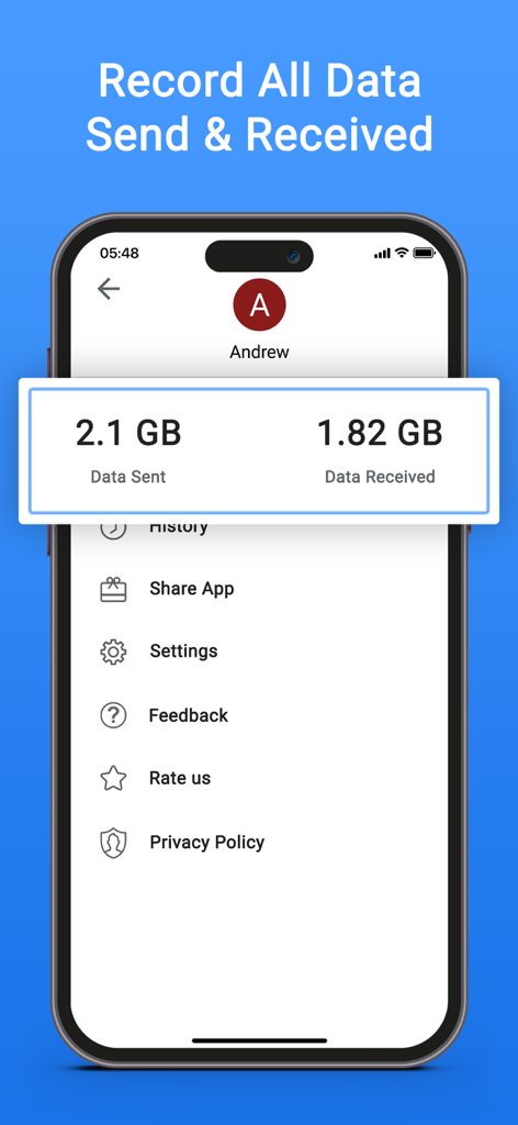 Una interfaz de aplicación móvil que muestra estadísticas de transferencia de datos con 2.1 GB enviados y 1.82 GB recibidos en una pantalla de perfil de usuario.