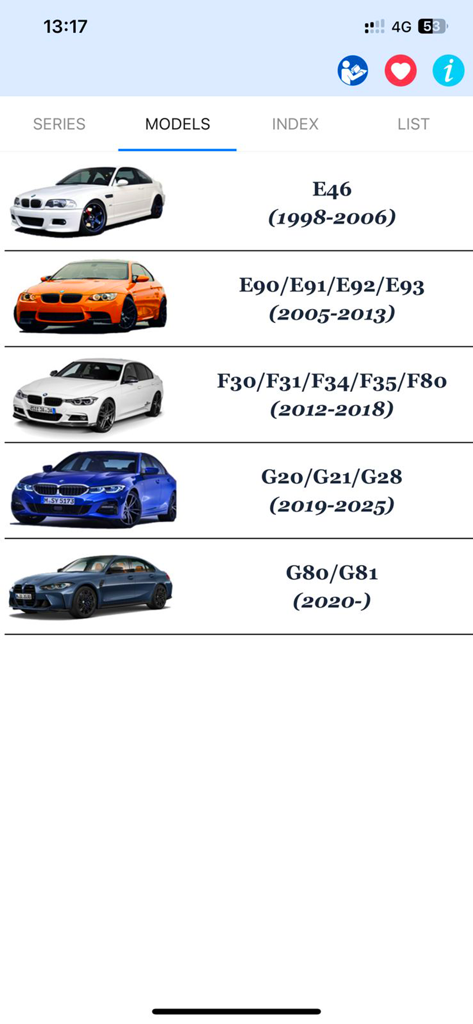 Bimma EWD - Wiring Diagrams - Interface showing a selection of BMW models and series codes for electrical wiring diagrams.