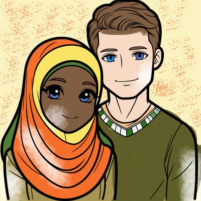 a muslim girl who wears a veil and a european man together, realistic