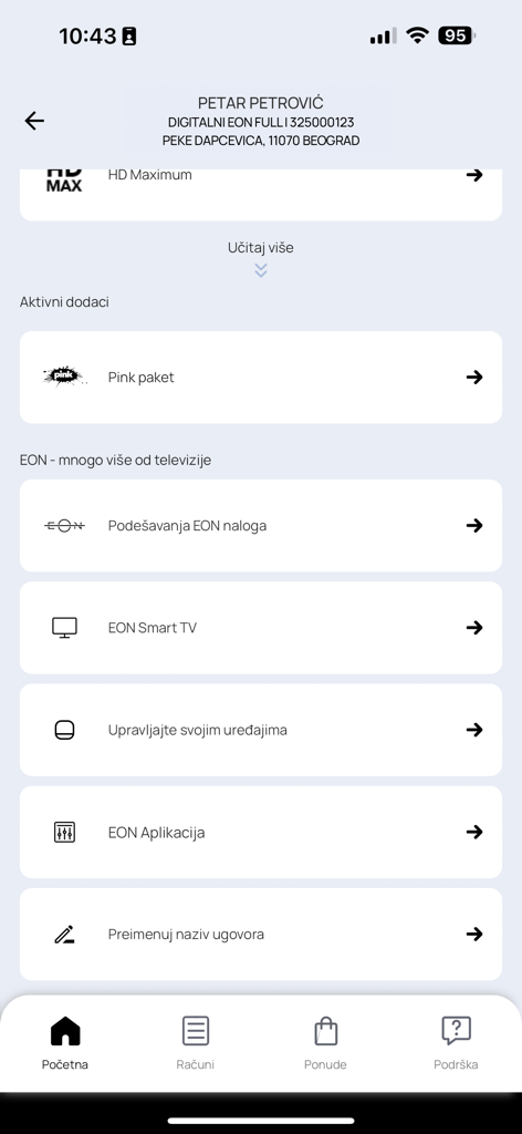 Moj SBB app interface showing account settings and EON service options