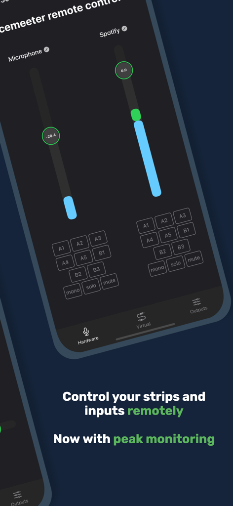 Interface de l'application Voicemeeter Remote Control montrant les faders audio et le monitoring de crête pour le microphone et Spotify