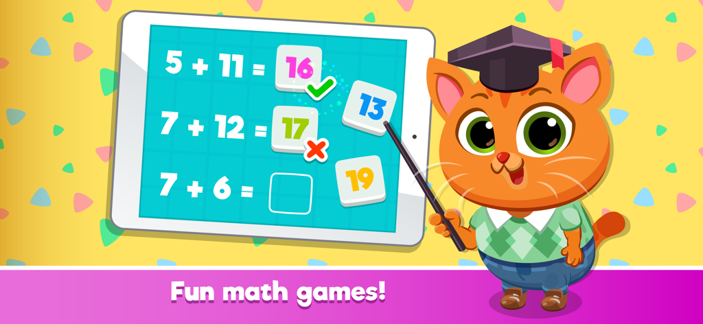 Bubbu the cat teaching addition on a digital tablet in a fun educational math game for kids