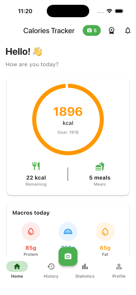 Calories Tracker - Nutrition - Home screen of the Calories Tracker app showing daily calorie progress and macro tracking information