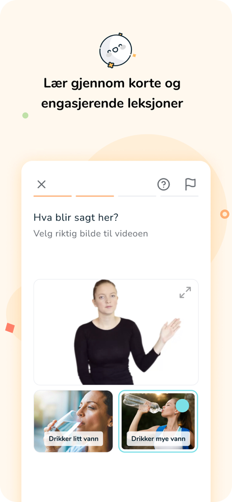 비디오 및 이미지 옵션이 포함된 노르웨이 수어 강의를 보여주는 Toleio 앱 인터페이스