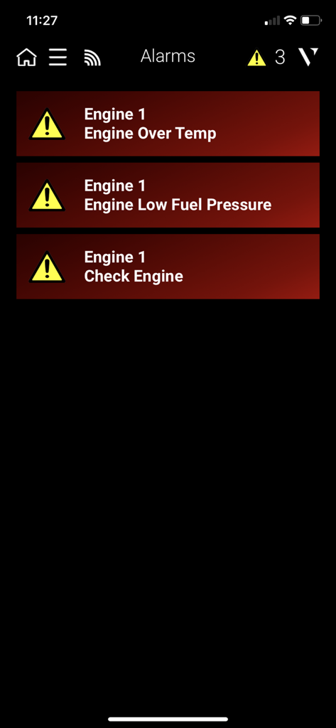 Écran de l'application mobile NavDash affichant les notifications d'alarme moteur du bateau