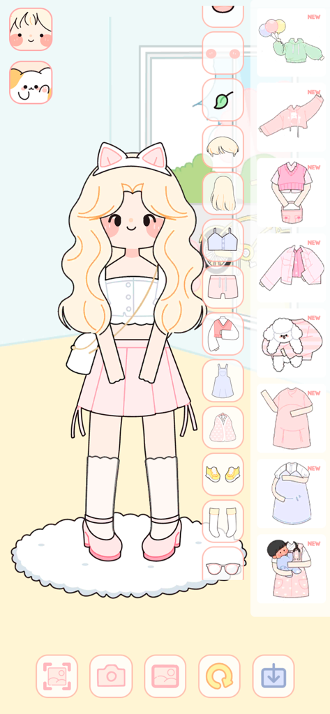 Customizable blonde chibi doll character with cat ears in a pastel pink and white outfit