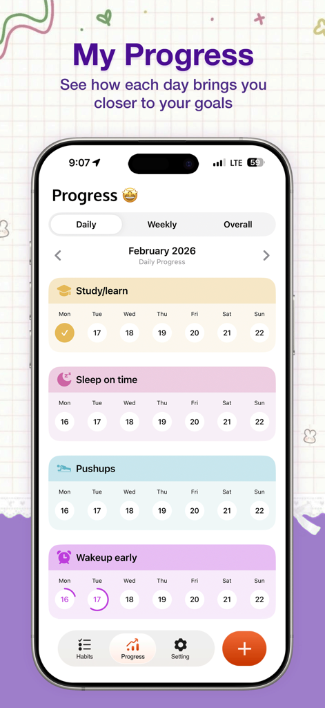 A clean minimalist interface of the Pure Habit app showing daily progress tracking for multiple personal goals