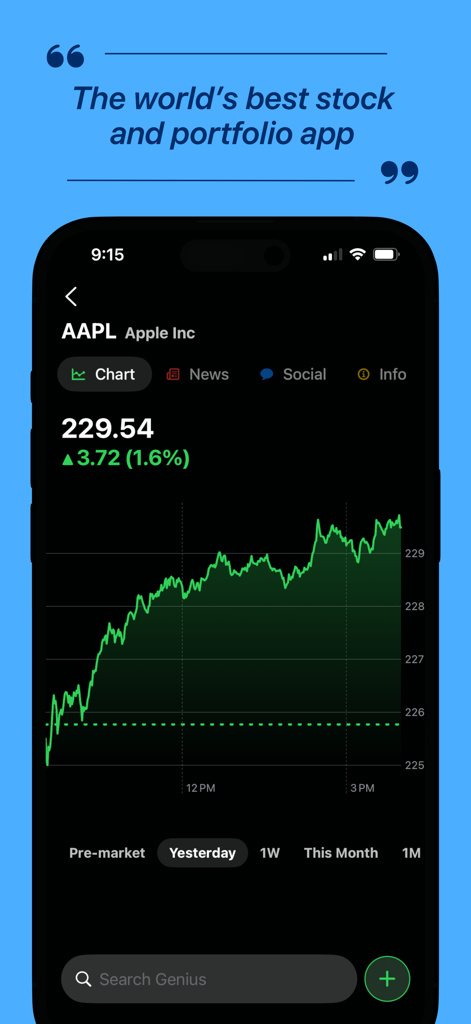 Genius: Stock Market Tracker - Interface of the Genius app displaying a stock price chart for Apple Inc with real-time market performance.