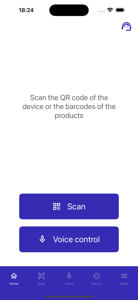 Pantalla de inicio de la aplicación Freez con botones destacados de escaneo y control por voz para compras minoristas sin contacto.