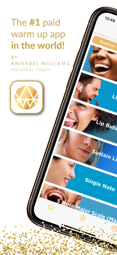 The Vocal Coach app interface showing various singing exercises and warm ups.