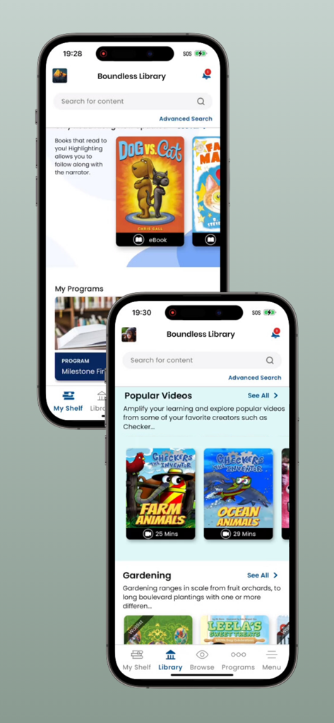 Screenshots of the Boundless digital library app on mobile devices showing ebooks and popular videos
