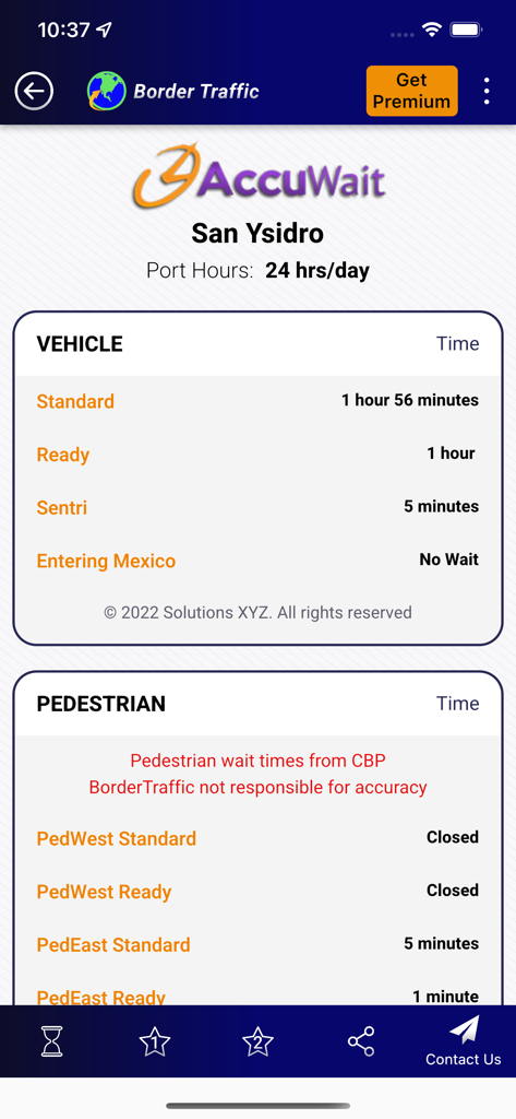 Captura de pantalla de la aplicación Border Traffic que muestra los tiempos de espera de vehículos y peatones para el cruce de San Ysidro