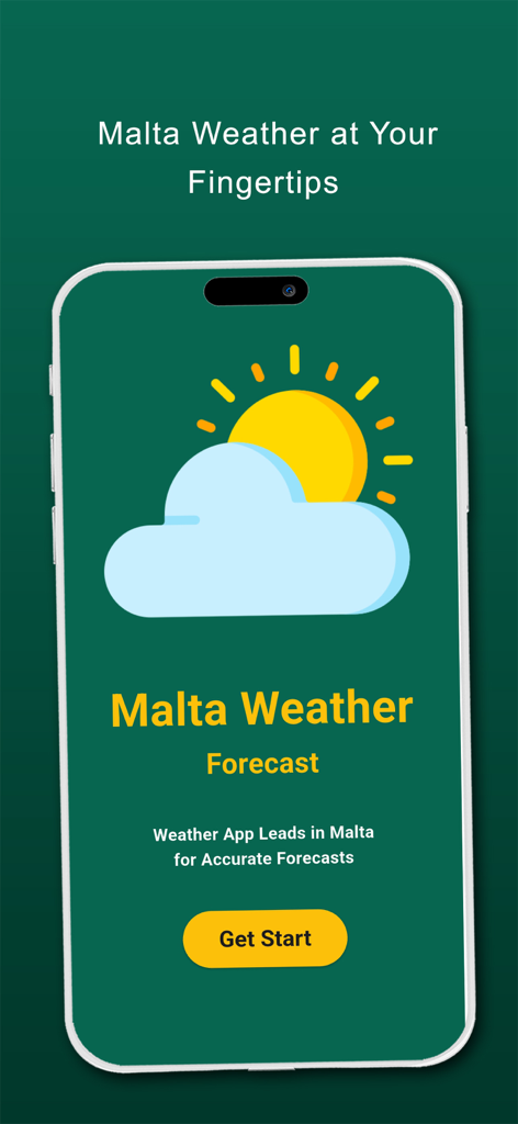 Malta Weather Forecast - Schermata iniziale dell'app Malta Weather Forecast con un'icona di sole e nuvole su sfondo verde
