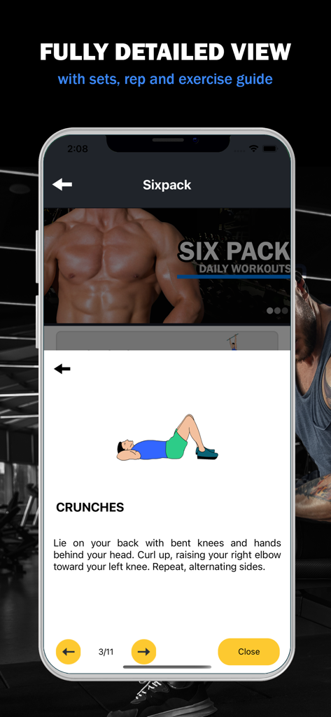 Gym Workout Daily Exercises - Mobile app screen showing crunches exercise instructions and illustration