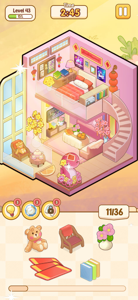 Sticker Room: Cozy Home - Isometric view of a decorated pastel bedroom in Sticker Room Cozy Home game with UI elements showing stickers to place.